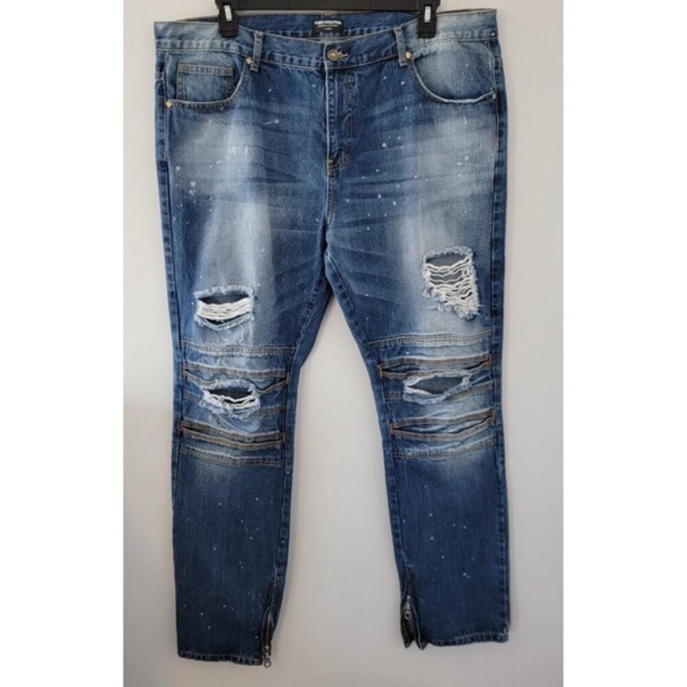 Pink Dolphin Biker Moto Jeans Men's 42 Blue Distressed Destructed Ankle Zipper